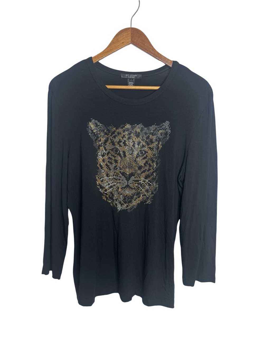 St. John Caviar Black Long-Sleeve Tee with Gold Rhinestone Leopard size Large